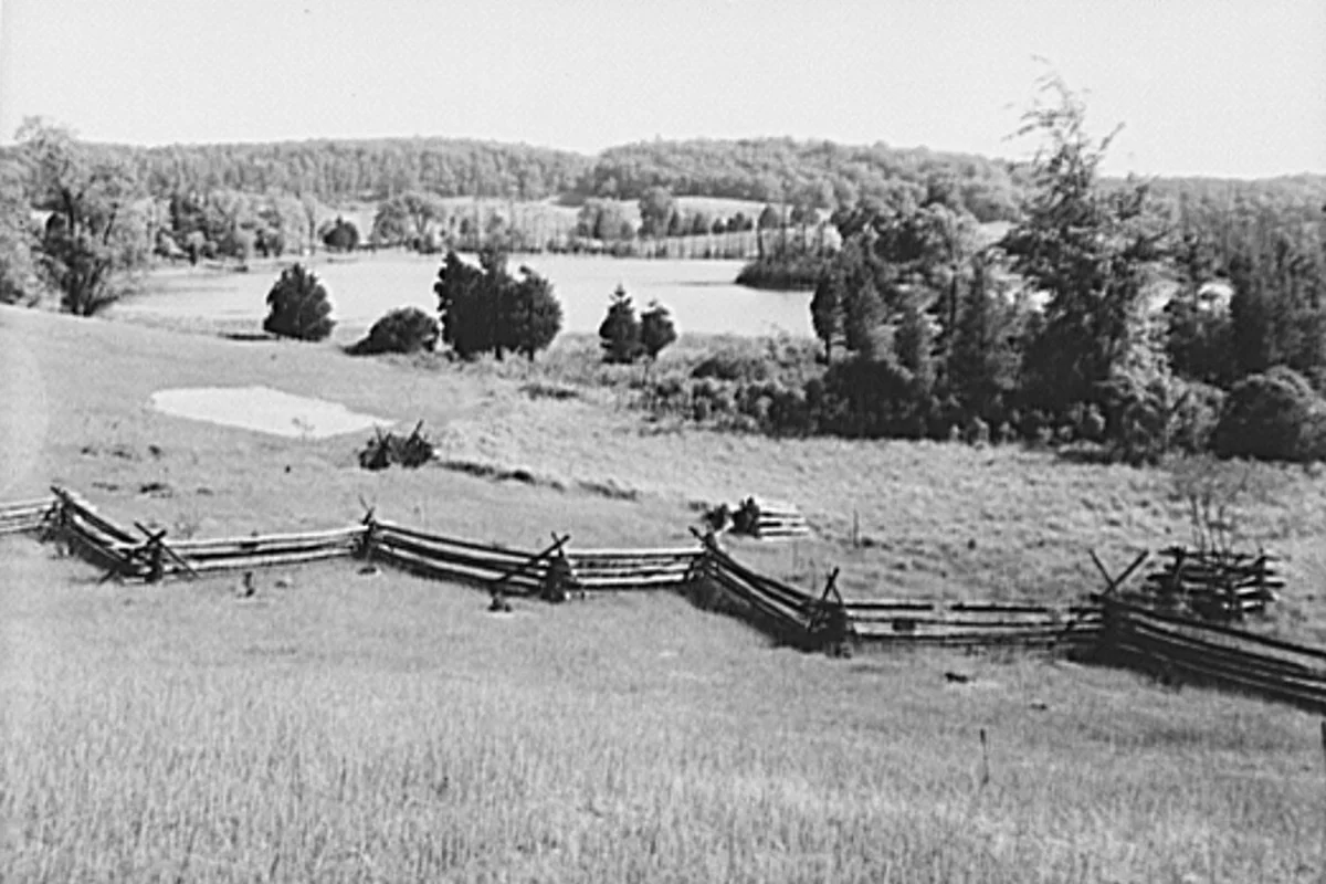 The Waterloo tract in 1936 — fenced fields and cleared farmland the New Deal bought as worn-out, sub-marginal land.